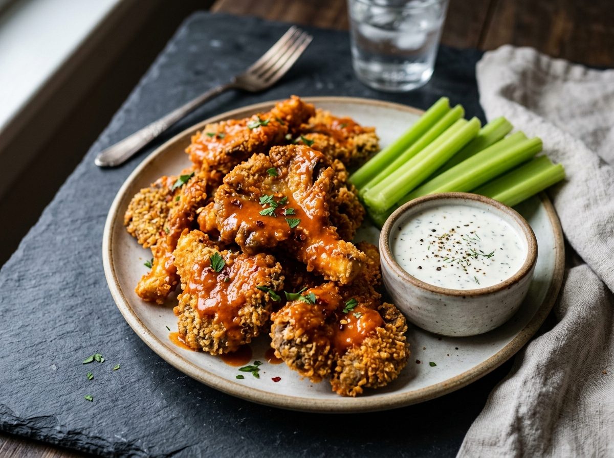 Crispy breaded blue oyster mushroom bites coated in orange Buffalo sauce with a side of ranch